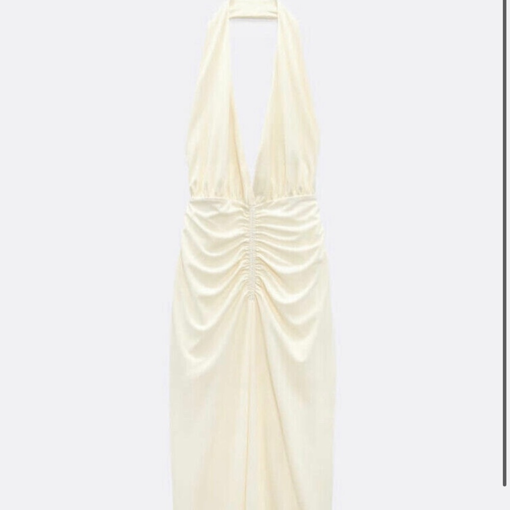 Zara Light Yellow Halter Neck Midi Draped Dress